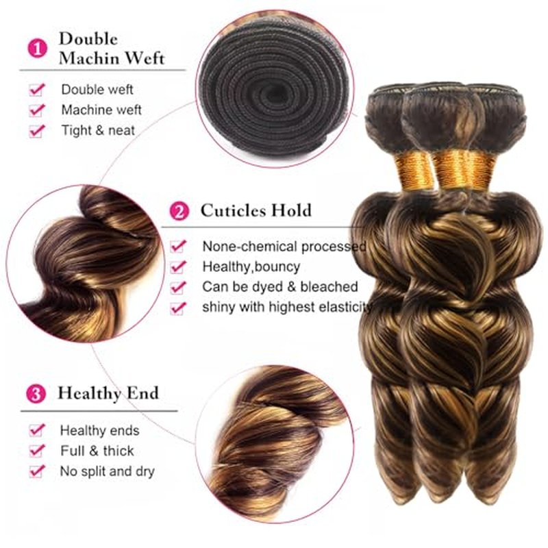 P4/27 Highlight Blonde Bundles Human Hair Loose Wave Bundles 34 34 34 Inch Human Hair Weave 3 Bundle Unprocessed Brazilian Virgin Hair Brown Loose Deep Wave Human Hair Extensions 50 Grams/Bundle