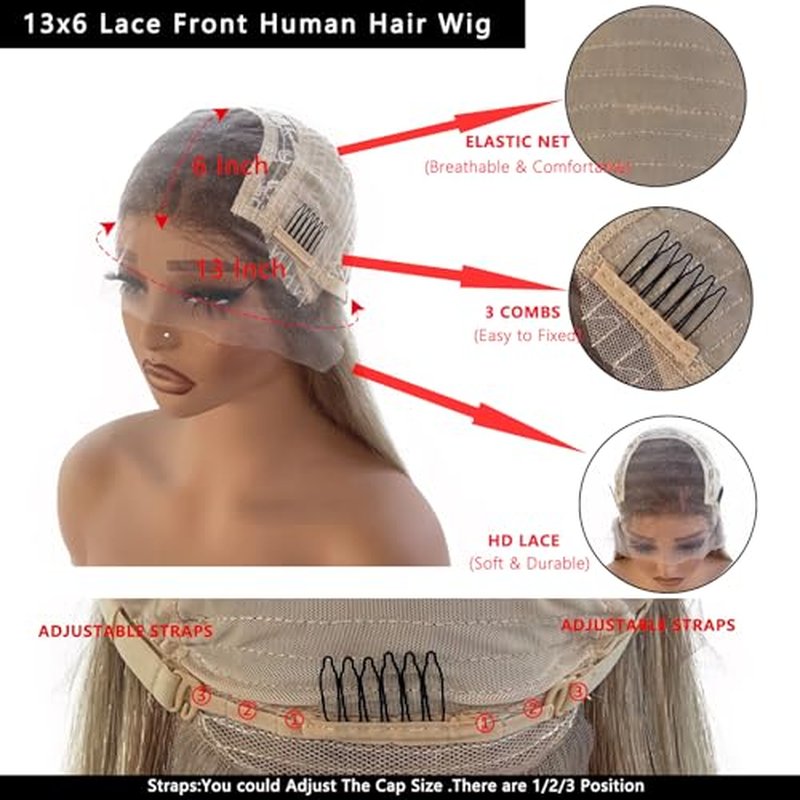13*6 Ombre Lace Front Human Hair Wigs,6/6P18 Highlight HD Lace Front Real Brazilian Straight Wig for Women,Light Brown to Brown with Ash Blonde,Pre Plucked Natural Hairline with Bleached Knots