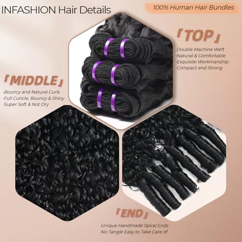 INFASHION 14A Burmese Curly Bundles Human Hair 14 16 18 Inches, 100% Unprocessed Virgin Curly Hair 3 Bundles for Women, 3C4A Water Wave Human Hair Bundles with Spiral Curly End Natural Black Color