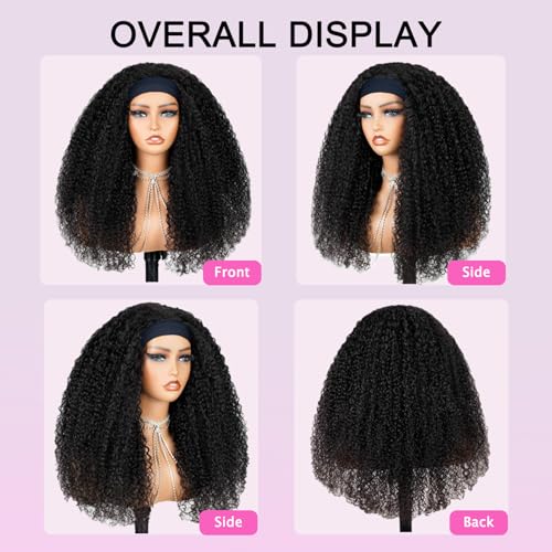 Headband Wig Human Hair Kinky Curly Headband Wigs for Black Women 18 Inch Human Hair Headband Wig Curly Human Hair Wig Half Wigs 150% Density Natural Black Color