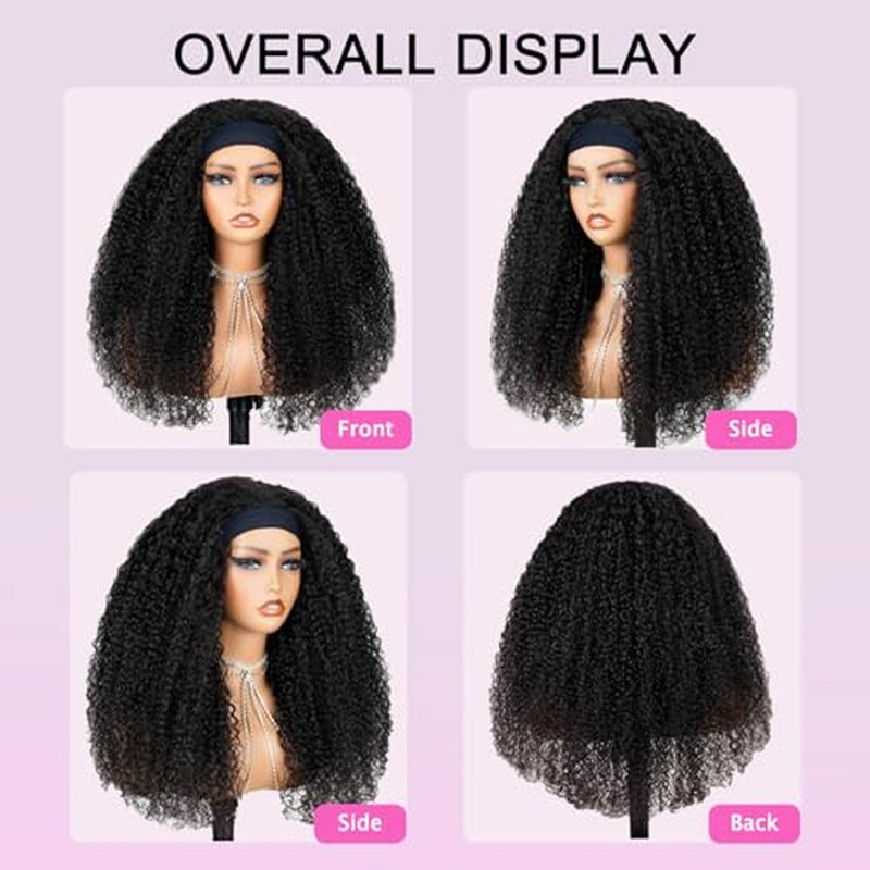 Headband Wig Human Hair Kinky Curly Human Hair Wigs for Black Women Curly Half Wig None Lace Front Wigs 150% Density 24 Inch Brazilian Virgin Hair Natural Color