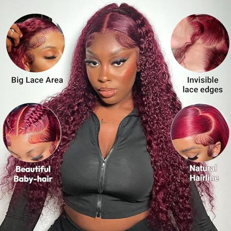 Estilar 99j Burgundy Lace Front Wigs Human Hair Red Deep Wave Lace Front Wigs Pre Plucked with Baby Hair 200 Density Glueless Curly Wig for Women 26 Inch