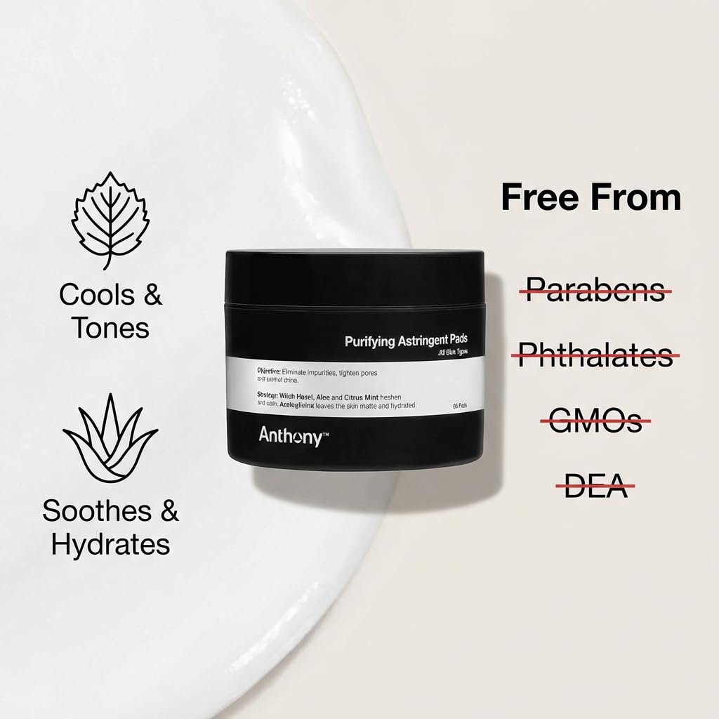 Anthony Witch Hazel Pads Pore Cleaner: 60 Count, Purifying Astringent Cleansing Toner Pads – Aloe Vera, and Citrus Mint, Eliminate Impurities, Minimize Pores and Control Shine