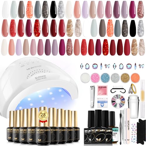 Morovan Gel Nail Polish Kit: 28 Colors Gel Nail Polish Set with U V/LED Light Fall Winter Collection Wine Red Rose Red Gel Polish Nail Art Decorations Manicure Tools DIY Salon Home Gifts