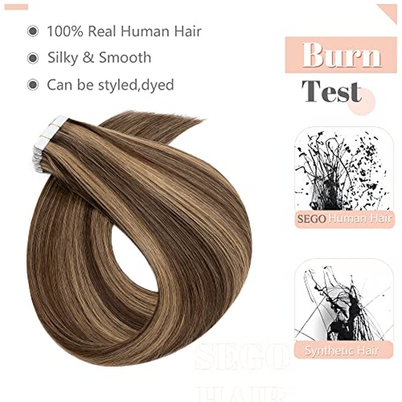 SEGO Tape in Hair Extensions Real Human Hair 20 Inch 40pcs 100g Straight Balayage 100% Remy Seamless Skin Weft Invisible Rooted Double Sided Tape Hair for Women-Medium Brown&Dark Blonde
