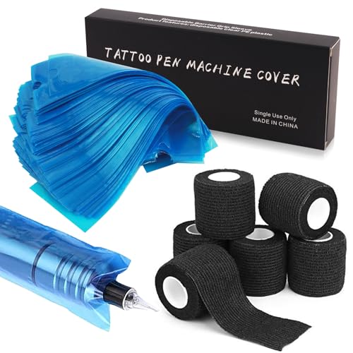 Machine Pen Covers with Grip Wraps - Autdor 200pcs Tattoo Machine Covers and 6pcs Tattoo Grip Tape Tattoo Pen Covers Grip Covers Tattoo Pen Sleeves Combination Tattoo Supplies (Blue+Black)