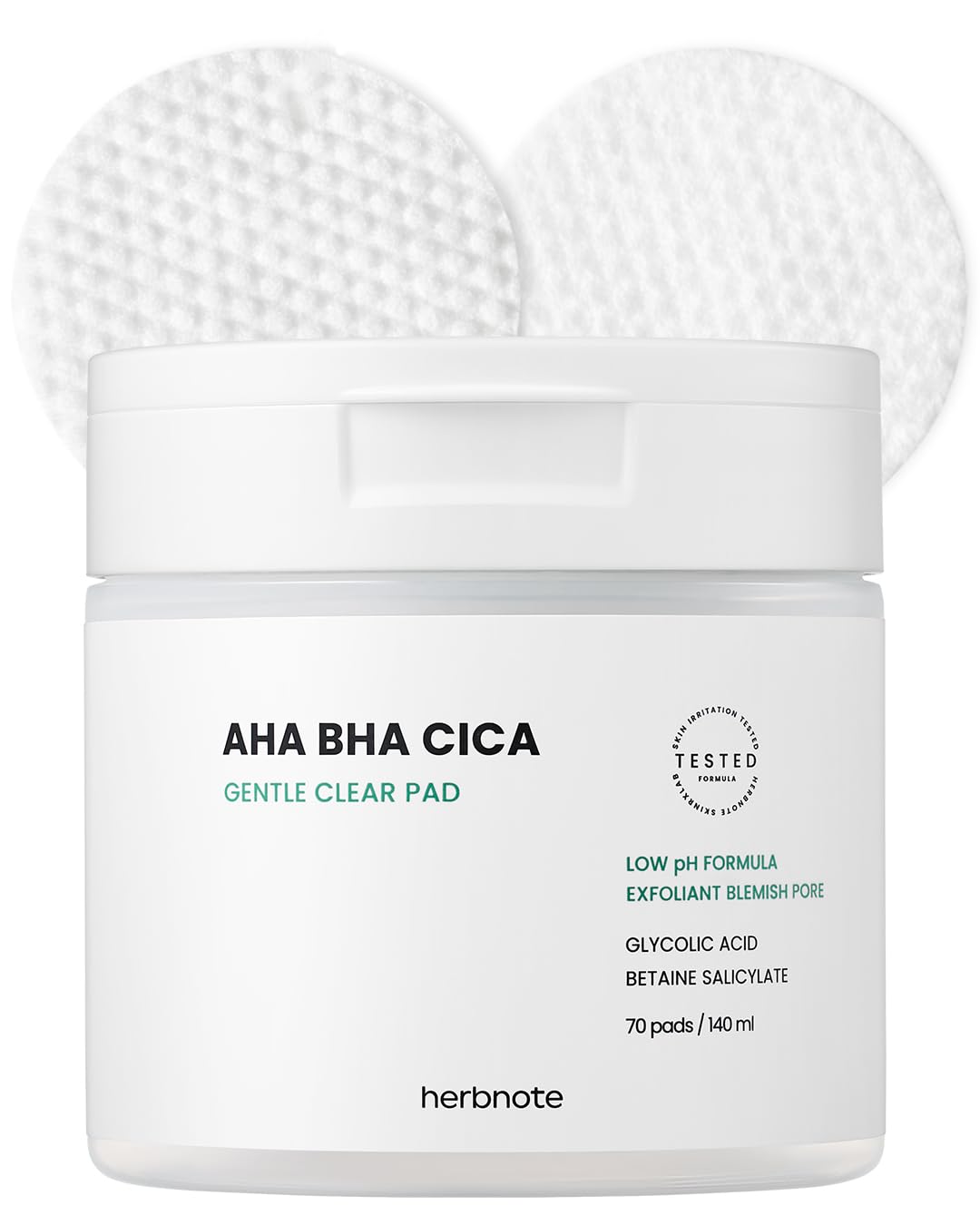 HERBNOTE AHA BHA Cica Gentle Clear Pad - Facial Exfoliating Pad for Dead Skin Cell Care, pH Balancing & Sebum Control, Tighten Large Pores, Calm Sensitive Skin, & Moisturize Dry, Flaky Skin, 70 Sheets
