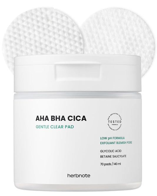 HERBNOTE AHA BHA Cica Gentle Clear Pad - Facial Exfoliating Pad for Dead Skin Cell Care, pH Balancing & Sebum Control, Tighten Large Pores, Calm Sensitive Skin, & Moisturize Dry, Flaky Skin, 70 Sheets