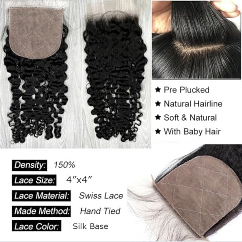 Silk Base Top Closure Burmese Curly Bleached Hidden Knots Free Part 4x4 Fake Scalp Lace Closure With Baby Hair Unprocessed Raw Human Hair 18inch