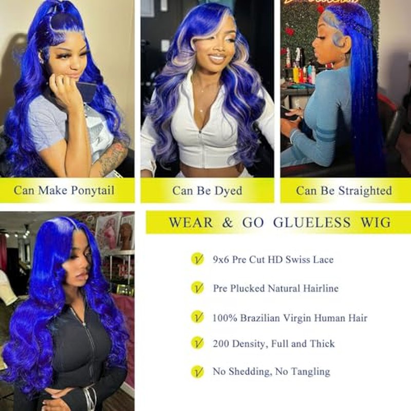 Blue 9x6 Body Wave Lace Front Wigs Human Hair Pre Plucked With Baby Hair 200% Density Dark Blue Human Hair Pre Cut For Women HD Transparent Lace Frontal Colored Wigs 20 Inch