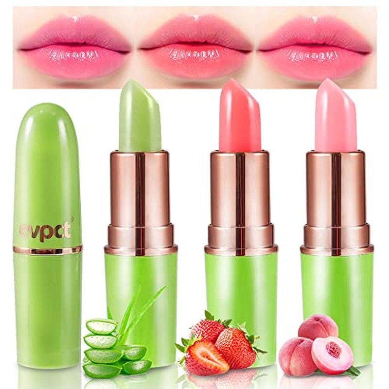 evpct 3Pcs Magic Color Changing Lipstick Long Lasting Waterproof 24 Hours Original for Women, Aloe Vera Strawberry Peach Pink PH Mood Permanent Color Changing Lipstick Lip Balm Gloss, labial magico