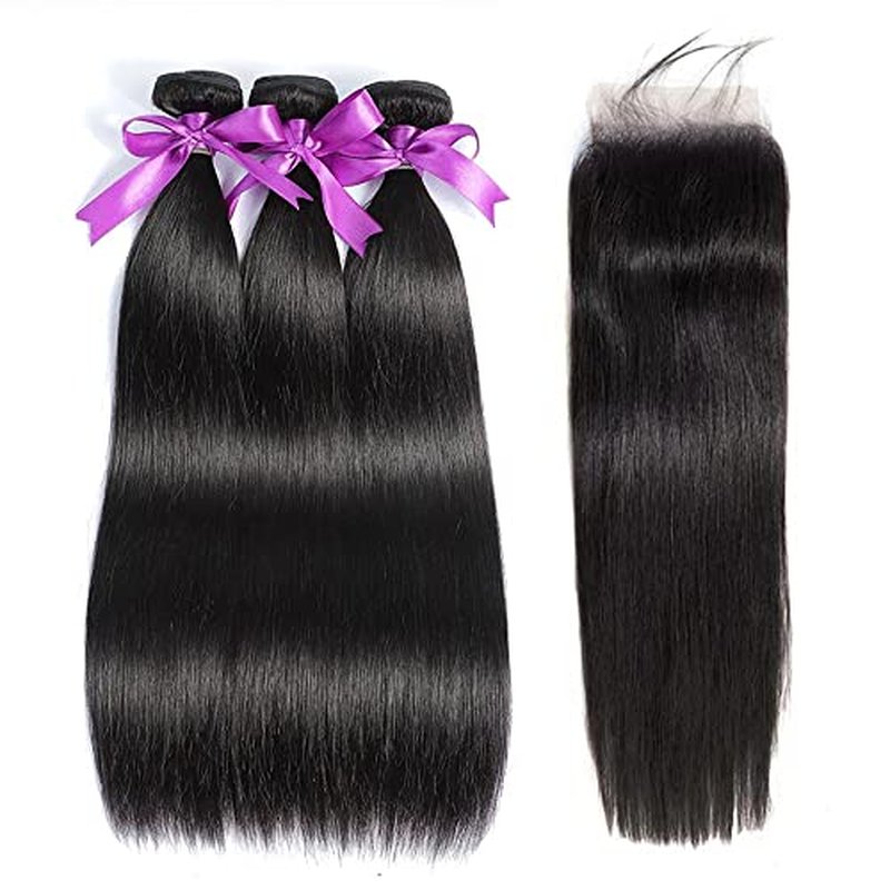 Straight Bundles with Closure Human Hair 20 22 24+18 Brazilian Human Hair Bundles with Closure Straight 100% Unprocessed Virgin Weave Hair Bundles with Lace Closure