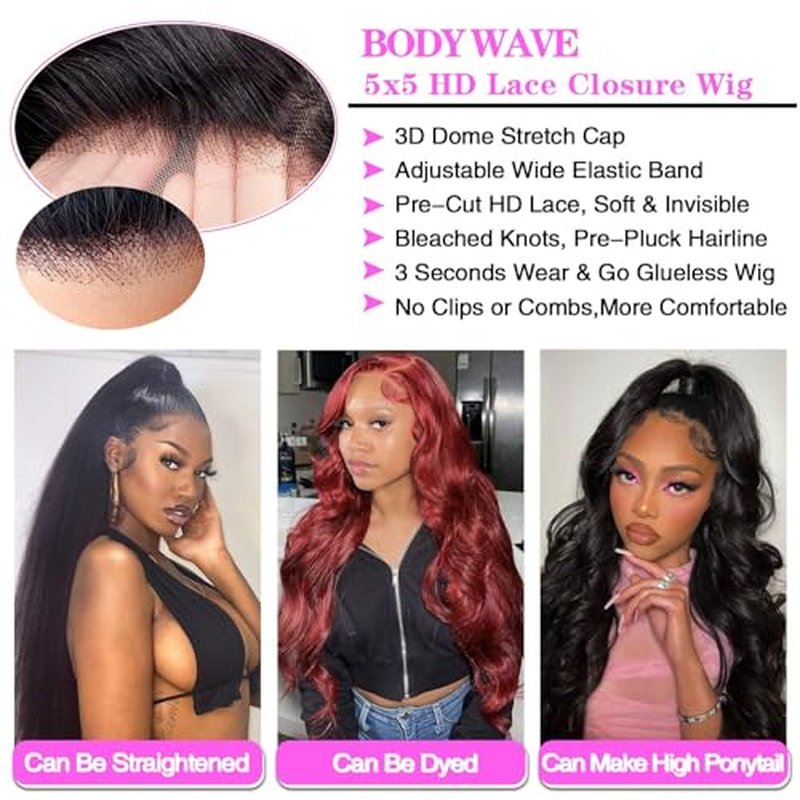 5x5 HD Lace Closure Wigs Human Hair 180% Density Wear and Go Glueless Wigs Human Hair Pre Plucked Pre Cut Body Wave Lace Front Wigs Human Hair for Black Women Upgraded No Glue Natural Color 24 Inch