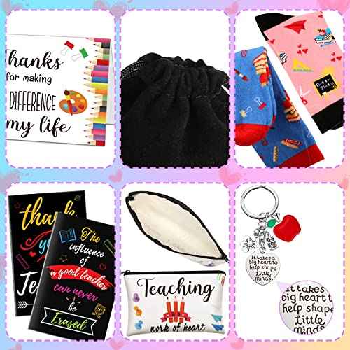 Eaasty 36 Sets Teacher Appreciation Gifts Bulk Makeup Pouch Cosmetic Pencil Bag Keychains Inspirational Notebooks Cards and Socks for Teacher Appreciation Graduation Gifts