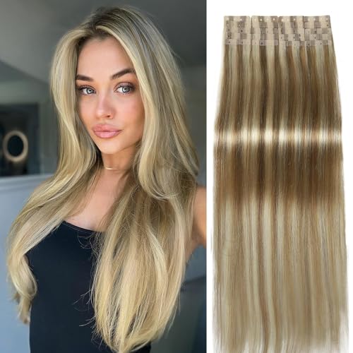 WIGER Seamless Highlighted Honey Blonde Human Hair Extensions No Glue No Gel Insert Human Extensions Balayage Invisible PU Hair Extensions (18 In, 20 Pcs)
