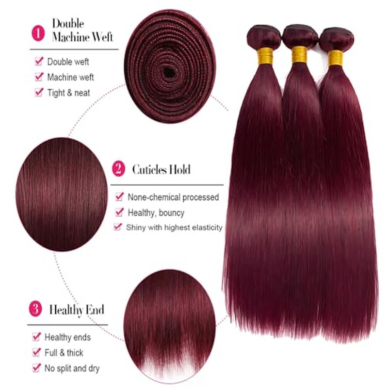 Dark Red Human Hair Bundles 99J Burgundy Straight Human Hair Bundles Dark Red Straight Bundle 26 28 30 Inch Brazilian Unprocessed Virgin 99J Bundle Quick Weave Extensions