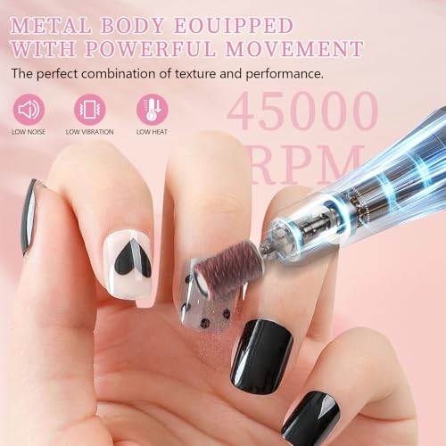 Electric Nail File Professional Kit - 45000RPM Portable Nail Drill Electric File with 11 Bits & Base?LED Screen?Ultra-Silent, Rechargeable Nail Drills Machine for Acrylic Nails Gel Polishing (Pink)