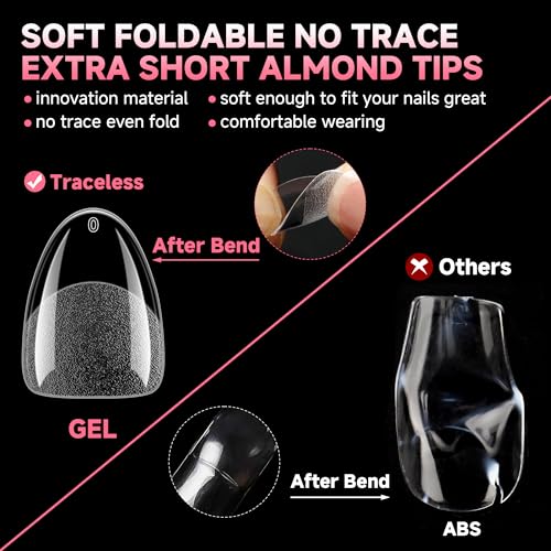 UNA GELLA Extra Short Almond Nail Tips 12 Sizes Short Almond Gel Nail Tips 120Pcs Soft Gel Clear Full Cover Nails Tips Acrylic False Nails Press On Nails for Extensions DIY Salon