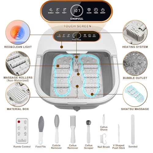 Collapsible Foot Spa Bath with Heat, Touch Screen, Remote Control, Massage Rollers, Timer, Bubble, Foot Pedicure Kit, Temperature Control Pedicure Foot Spa, Foot Bath