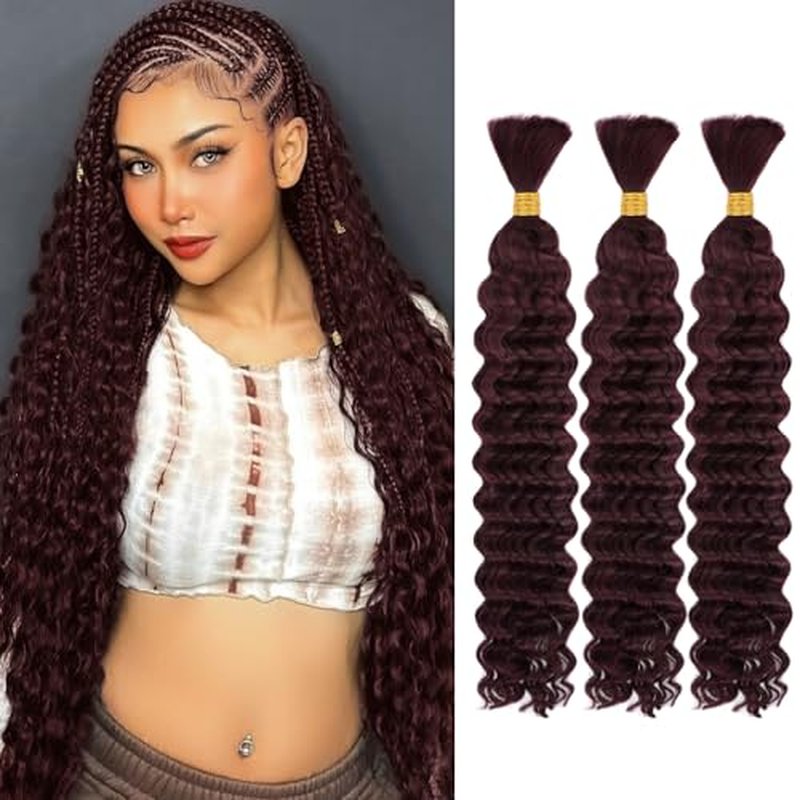Human Braiding Hair, 3 Bundle 150g 18 Inch Boho Braids Human Hair 10A Deep Wave Bulk Brazilian Virgin No Weft Wavy Hair Extension for Boho Knotless Bohemian Micro Braid Bulk for Braiding 99J