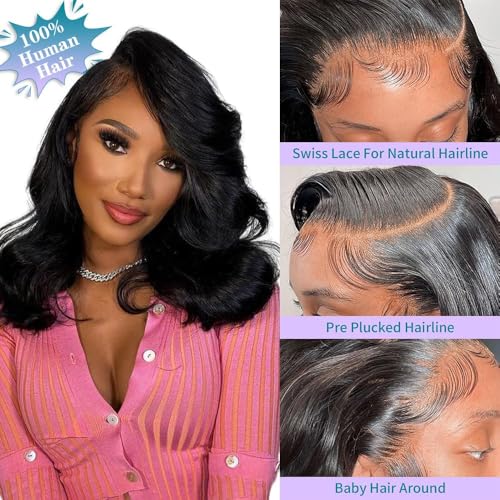 Oriole Body Wave Bob Wig Human Hair 13x6 HD Lace Front Wigs Human Hair Pre Plucked 210% Density Glueless Wig Bob Wigs for Black Women Natural Black 10 Inch