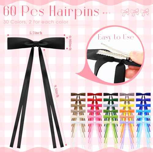 Mimorou 60 Pcs Hair Bow for Girls Women Bulk Silky Satin Ribbon Hair Bows Tassel Bowknot Clips Barrettes with Long Tail, 30 Colors