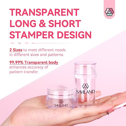 Saviland French Tip Nail Stamp - 4PCS Nail Art Stamper Kit Clear Silicone Nails Stamping Long & Short Jelly Stamper with Scrapers Nails Stamper Kit for French Manicure Nail Art Home DIY Salon