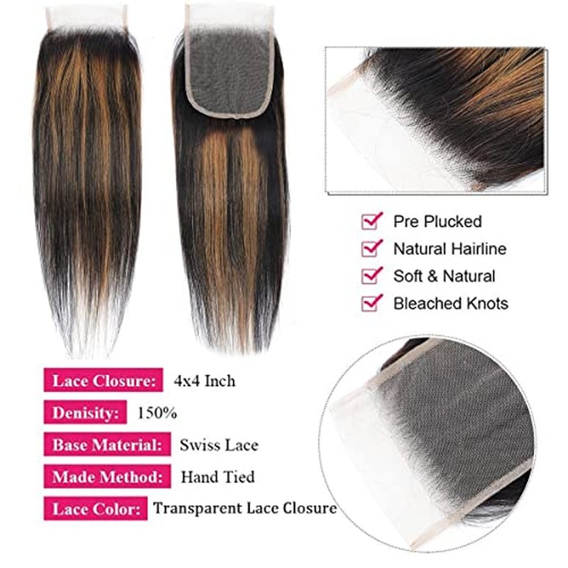 Haha Brown Highlight Human Hair Bundles With Closure Straight Ombre Bundles With Closure Colored Balayage 10A Remy Virgin Hair Weave 3 Bundles With 4x4 Lace Closure Free Part 12 12 12+10 Inch #FB30