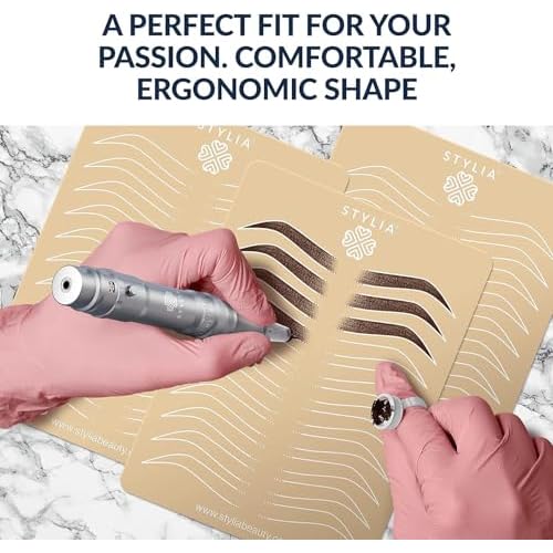 Stylia Permanent Makeup Machine Set ? Wireless Machine Kit with 2 Rechargeable Lithium Batteries, Power Adaptor and 16 PMU Cartridges ? Microblading Pen, Low-Noise, High-Speed Motor (SILVER)