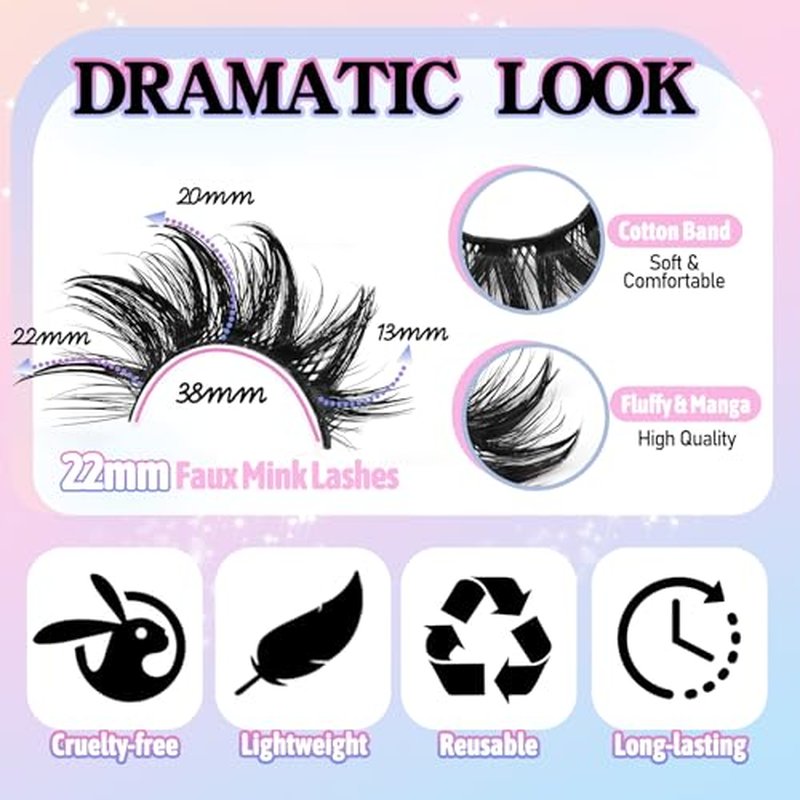 Losha 22mm Lashes Fluffy Eyelashes 3D Dramatic Long False Eyelashes Wet Look Manga Lashes Wispy Volume Faux Mink Lashes Cat Eye Lashes Soft Anime Fake Eyelashes 4 Pairs (Bold)