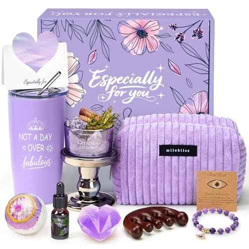 Golray Lavender Gifts for Women Friendship Gift Basket, Purple Dream Healing Fireless Aromatherapy/Thermos Set, 30th 40th 50th Women Self Care Spa Birthday Christmas Gifts for Her Sister Mom