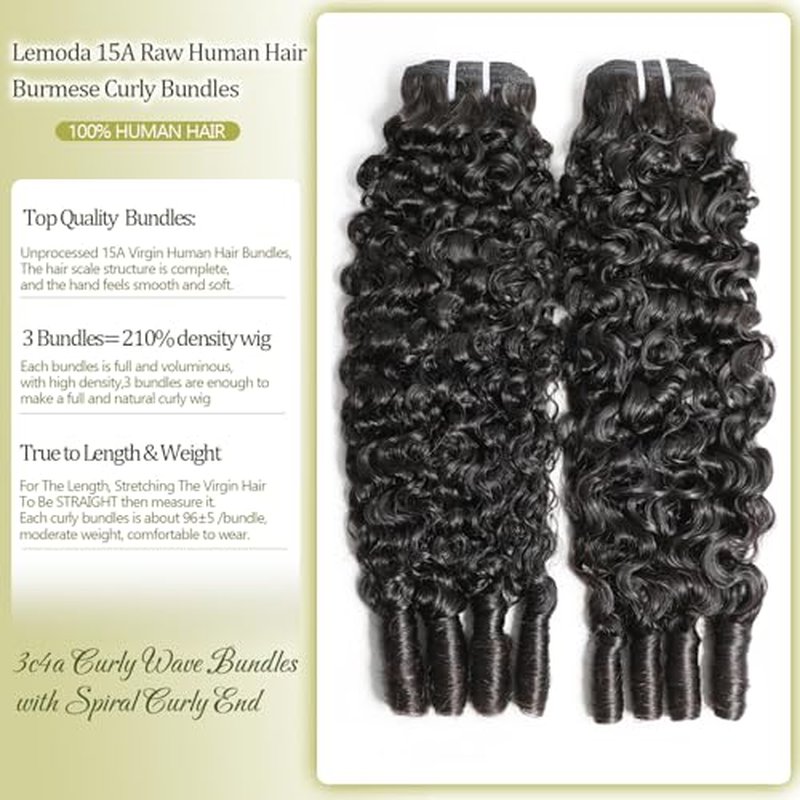 Lemoda Burmese Curly Human Hair Bundles 28 inch 100% Unprocessed 15A 3c4a Water Wave Bundles with Spiral Ends Double Weft Quick Weave Extensions Deep Wave Bundle Human Hair Natural Black Color