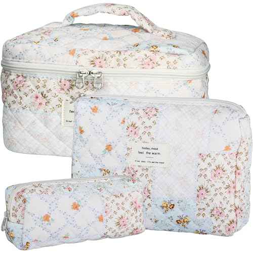 Quilted Makeup Bag Set - 3 PCS Cute Floral Cotton Makeup Bag, Large Coquette Aesthetic Make up Cosmetic Bag, Flower Travel Toiletry Organizer Bags for Women Girls