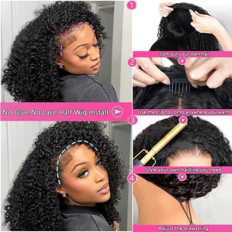 Larhali Kinky Curly Half Wig Human Hair 180% Density Wear And Go Glueless Wigs Human Hair 18 Inch Curly 3 In 1 Half Wigs for Women Drawstring Seamless Flip Headband Wig Beginner Friendly