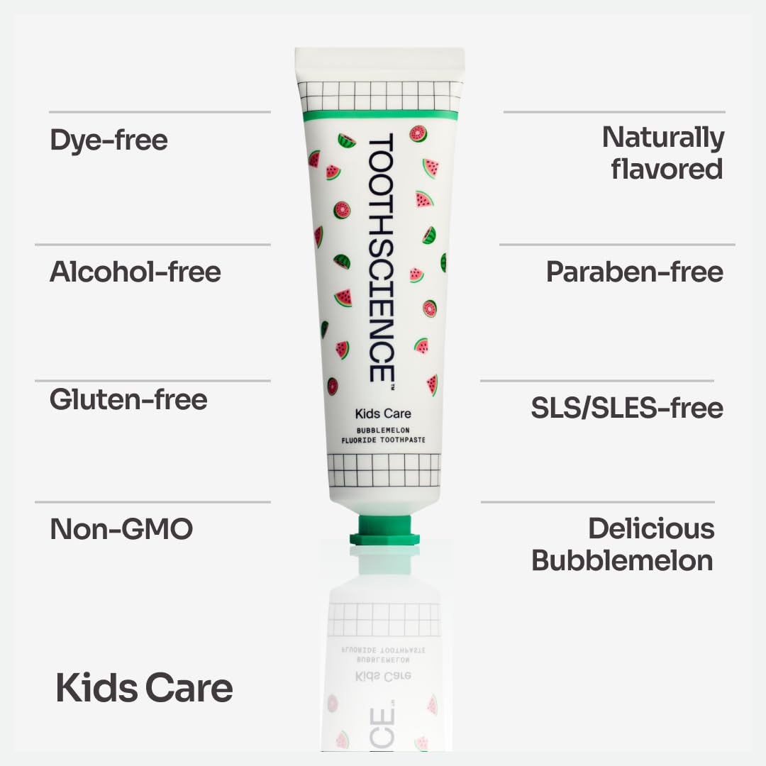 ToothScience Kids Care Toothpaste – 4-in-1 Fluoride Toothpaste for Kids, Naturally Flavored Bubblemelon, Free of Dyes, Alcohol & SLS/SLES (3.4 oz)