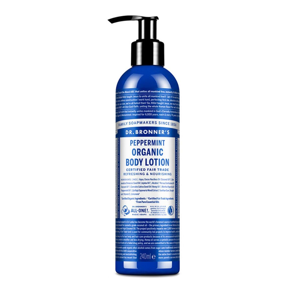Dr Bronner's Organic Peppermint Hand and Body Lotion, Made with Organic Oils, Used for Face and Body, Certified Fair Trade & Vegan Friendly, 236ml Recycled Bottle