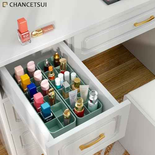 Organizer Holder for Lipstick Nail Polish: Lip Gloss Makeup Storage Drawer Organizers, Vanity Small Perfume Rack Plastic Tray Lipgloss Mascara Holders Stand Cosmetic Display Case 24 Spaces, Green