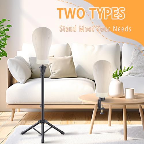 Wig Stand with Head, Adjustable Wig Head Stand, Canvas Wig Head Stand with Mannequin Head with Clamp Stand, Manikin Head Set for Wigs Cosmetology