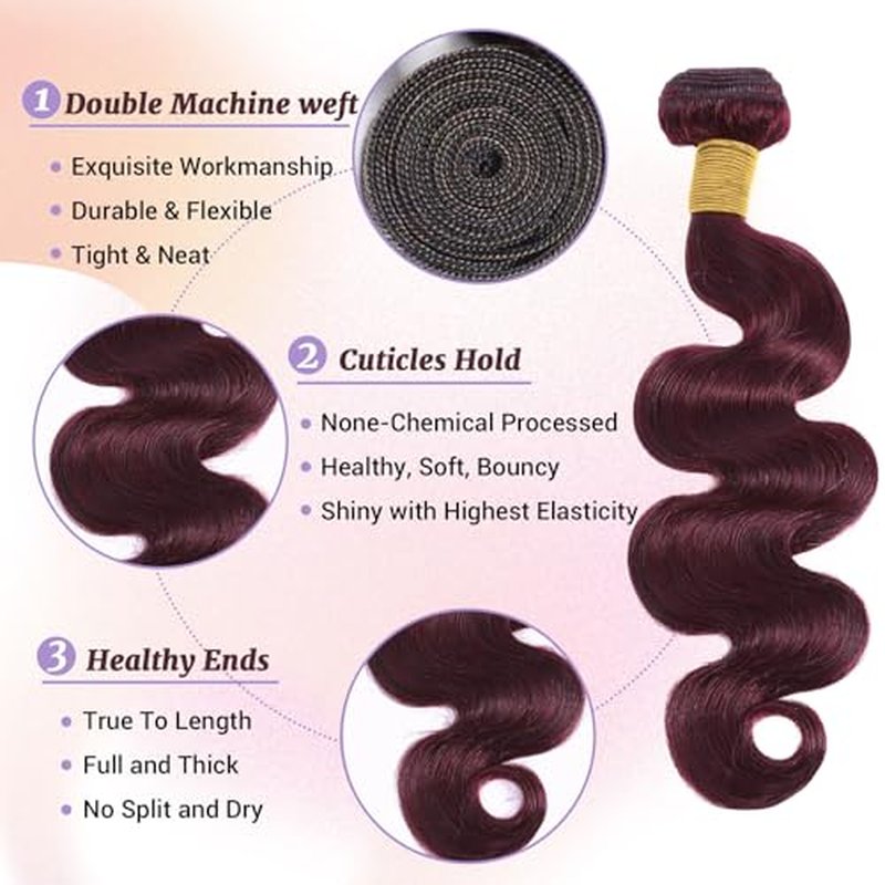 99J Body Wave Human Hair Bundles Burgundy Dark Red Wine Color Body Wave Bundles 100% Real Human Hair And True To Length 14 16 18 Inch 3 Pcs/Pack