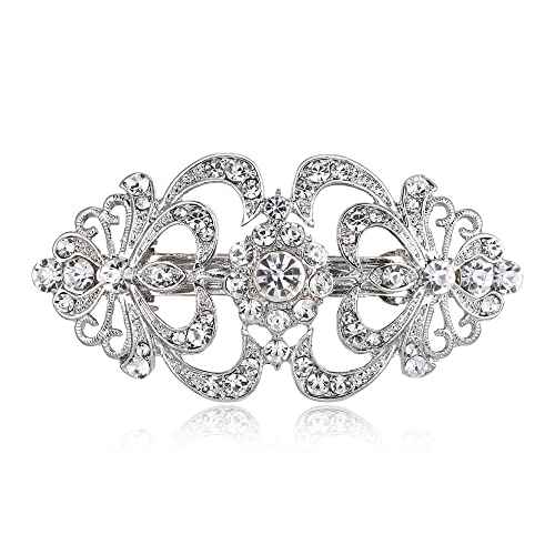 EVER FAITH Austrian Crystal Bridal Barrette Clip, 1920s Art Deco Two Heart Rhinestone Hair Accessories for Women Clear Silver-Tone