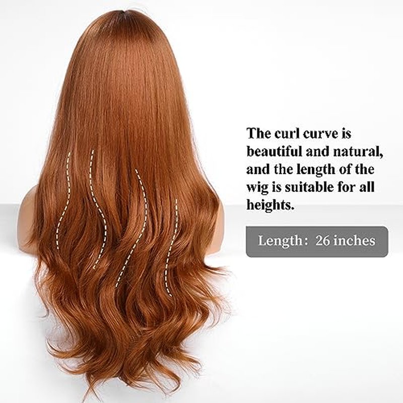 HAIRCUBE Auburn Wig with Bangs for Women Auburn Long Wavy Hair Wig Curly Wavy Synthetic Wigs for Girls Daily Party Use