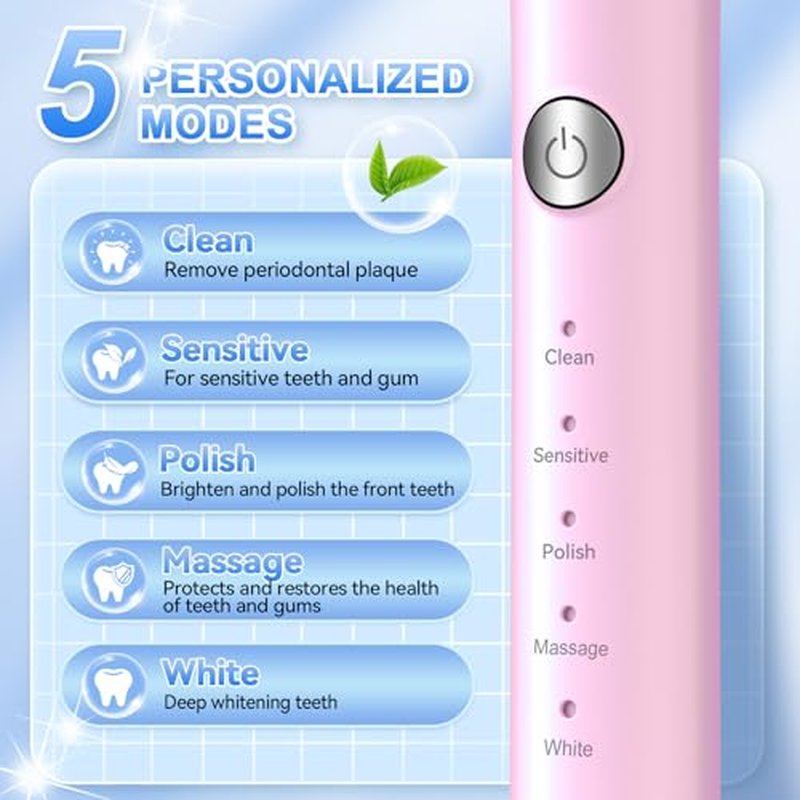 JTF Sonic Electric Toothbrush for Adults: 6 Brush Heads, Travel Bag, Tongue Scraper, 5 Brushing Modes for Teeth, Smart Timer and IPX7 Waterproof, Rechargeable Toothbrush for Deep Cleaning & Whitening