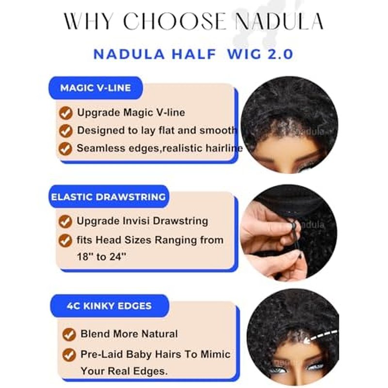 Nadula Glueless Afro Kinky Curly Half Drawstring Wig Human Hair No Leave Out with 4C Blend Edges Hairline, 12A Upgraded Flip-over Design Wear and Go Clip in Half Wig Beginner Friendly 14inch