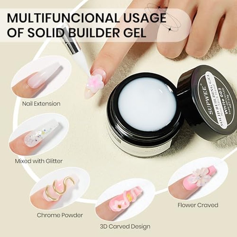 Solid Sculpture Builder Gel, 3D Nail Gel White Non-Stick Hand Nail Extension Gel for Carving Patterns Decoration Nail Art Emboss Hard Gel for Nails Mnicure DIY at Home 14g(0.49 oz)