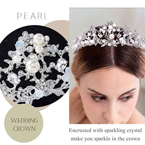 Uranian Silver Crowns and Tiaras Bridal Wedding Crowns Crystal Princess Pearl Tiaras Vintage Hair Accessories for Women and Girls
