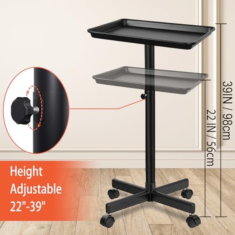 Salon Tray on Wheels,Height Adjustable Rolling Beauty Trolley Cart,Professional Salon Equipment for Barbershop/Spa/Home Use Black