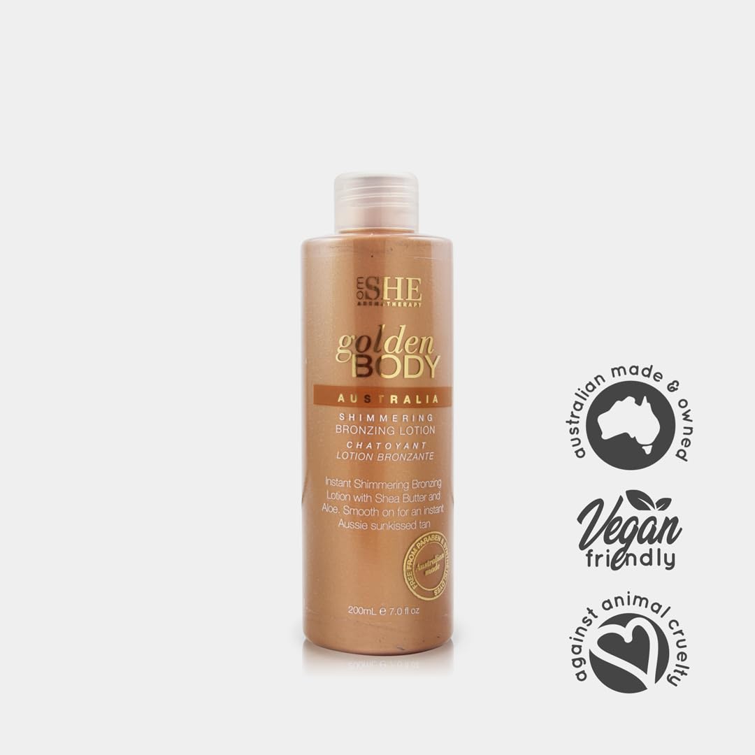 Om She Aromatherapy Golden Body Shimmering Bronzing Lotion 7.0fl oz - Self Tanning, Instant Tan Colour. Australian Made.