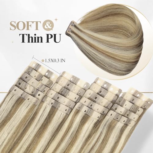 WIGER Seamless Highlighted Honey Blonde Human Hair Extensions No Glue No Gel Insert Human Extensions Balayage Invisible PU Hair Extensions (18 In, 20 Pcs)