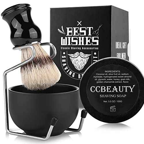 CCbeauty Mens Shaving Brush and Bowl Set, 4-in-1 Bristle Shave Brushes Kit with Stainless Steel Shaving Bowl & Soap Mug, Safety Razor Stand, Birthday Dad Gifts Set for Men, Black Soap 3.5Oz