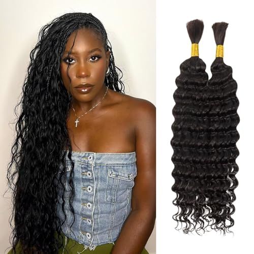 Deep Wave Bulk Human Hair for Braiding Boho Braids Human Hair for Bohemian Knotless Braids Braiding Hair Micro Braiding Hair No Weft Human Hair Extensions 2Bundles(Natural Black#,18inch)